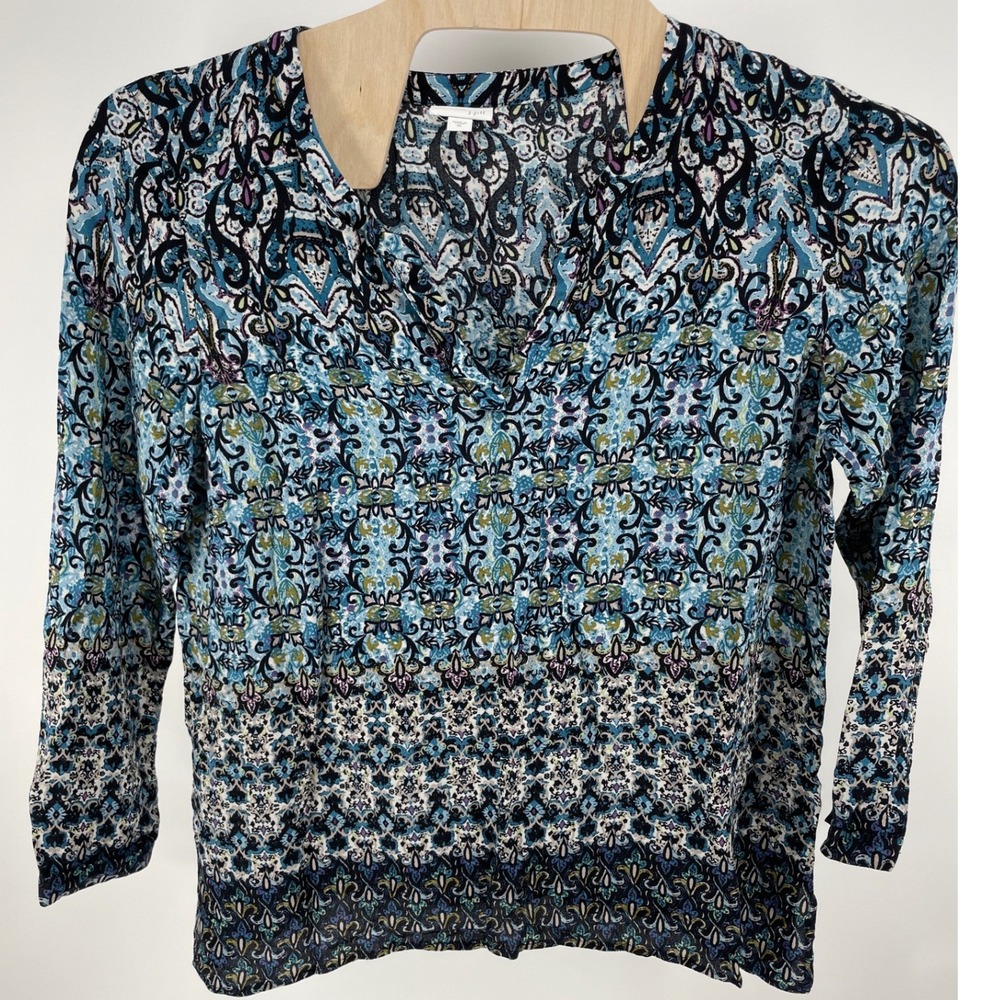 J. Jill Tunic Top Women XL Blue Paisley Excellent 3/4 Sleeve Rayon Split Neck